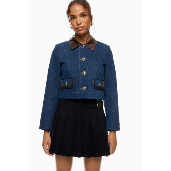 R-364. Sandro Denim Jacket With Leather Collar 34 US 2 - Picture 1 of 1